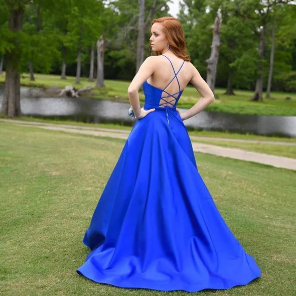 Royal Blue A Line Long Satin Prom Dress With Pockets TB1386