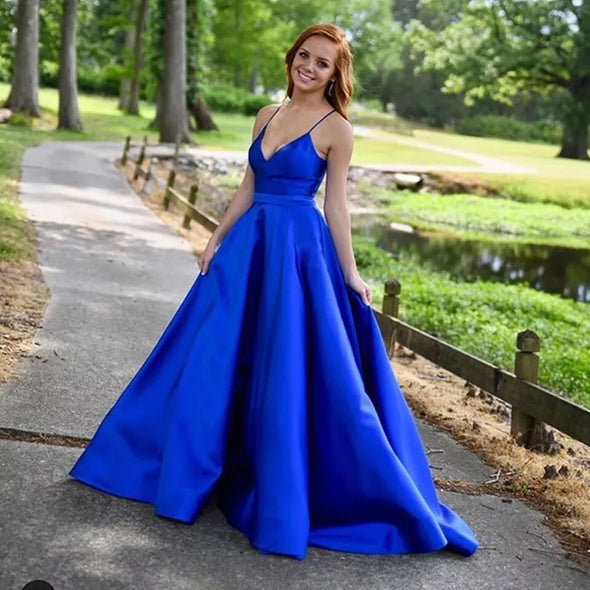 Royal Blue A Line Long Satin Prom Dress With Pockets TB1386