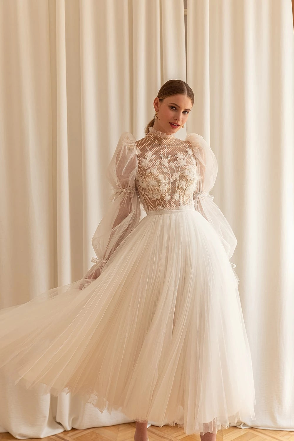 Tea Length A Line Wedding Dress Long Puff Sleeve Backless ZW689 – TANYA BRIDAL Tea Length A Line Wedding Dress Long Puff Sleeve Backless ZW689 – TANYA BRIDAL