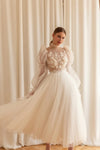 Tea Length A Line Wedding Dress Long Puff Sleeve Backless ZW689