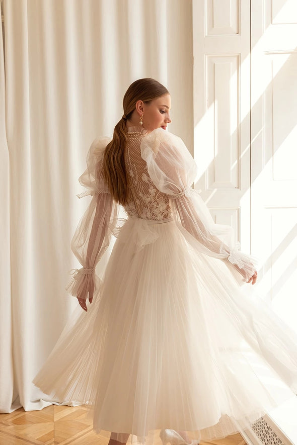 Tea Length A Line Wedding Dress Long Puff Sleeve Backless ZW689 – TANYA BRIDAL