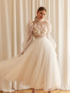 Tea Length A Line Wedding Dress Long Puff Sleeve Backless ZW689