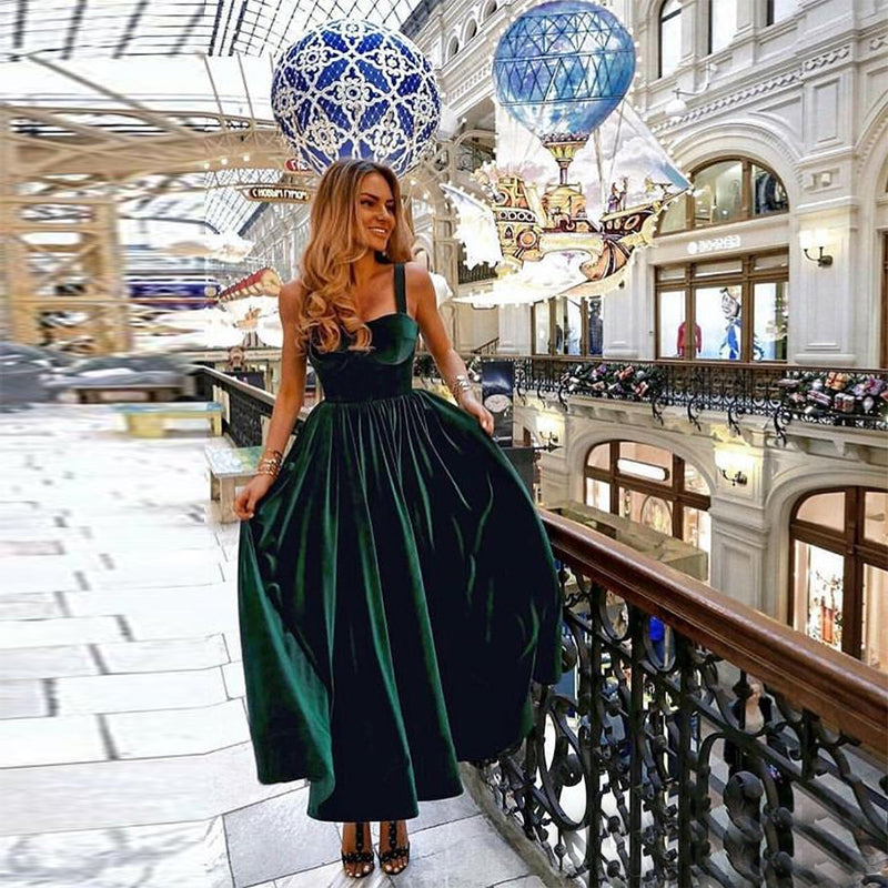 Tea Length Dark Green Prom Dresses Spaghetti Straps TANYA BRIDAL Tea Length Dark Green Prom Dresses Spaghetti Straps TANYA BRIDAL