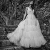 Tiered Tulle V Neck Wedding Dress Curled Ruffles Open Back