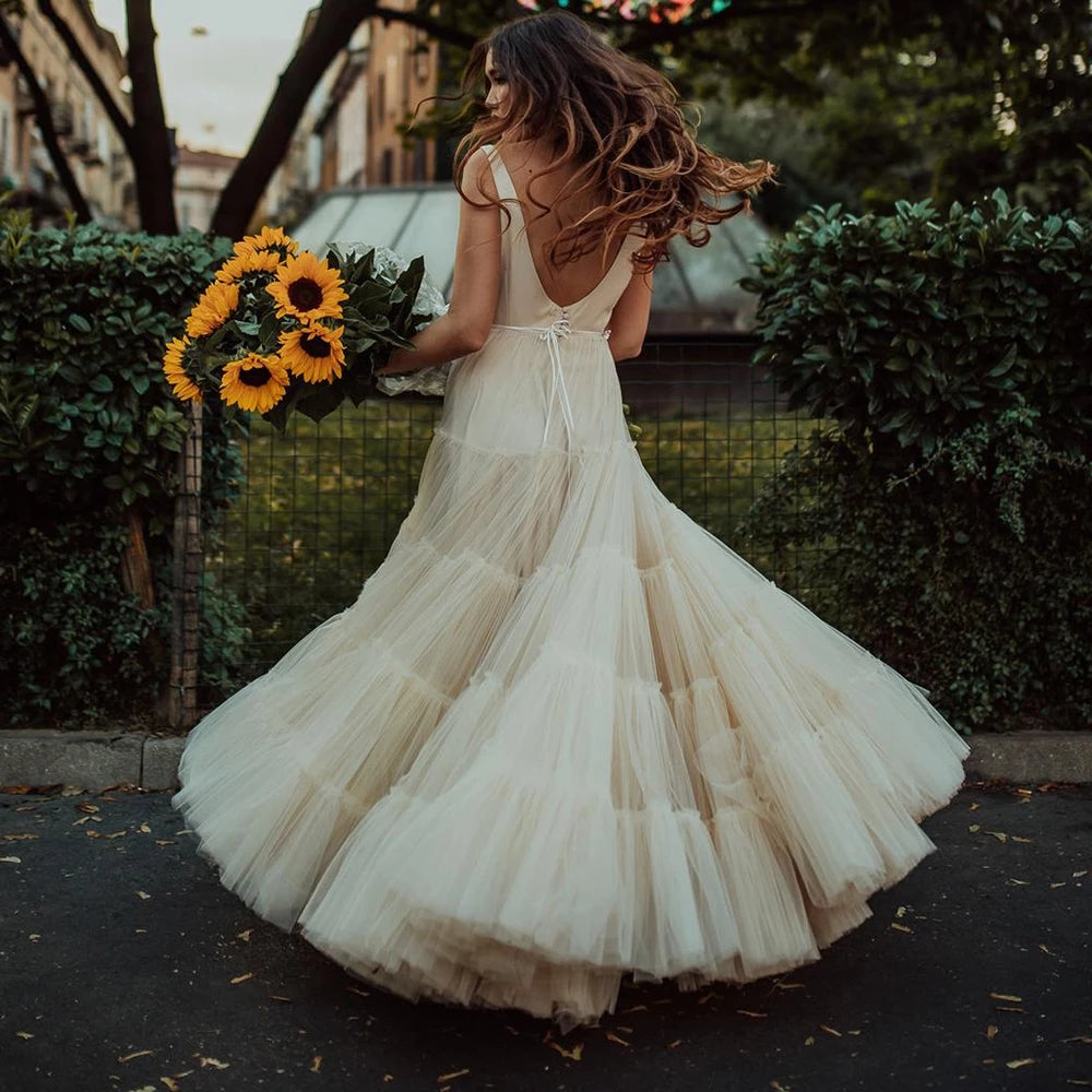 tiered wedding dress Tiered Tulle V Neck Wedding Dress Curled Ruffles Open Back