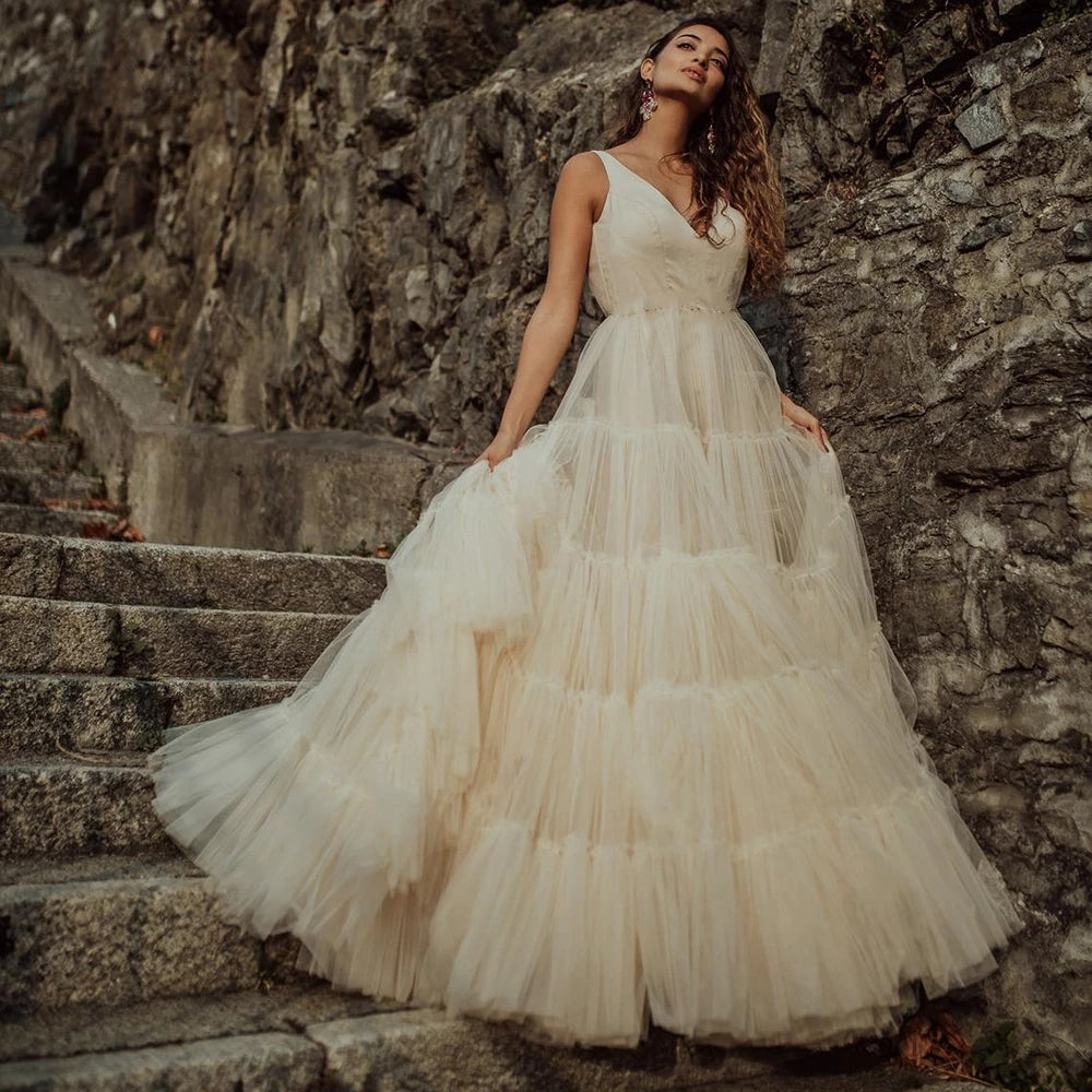 Tiered Tulle V Neck Wedding Dress Curled Ruffles Open Back TANYA BRIDAL Tiered Tulle V Neck Wedding Dress Curled Ruffles Open Back TANYA BRIDAL