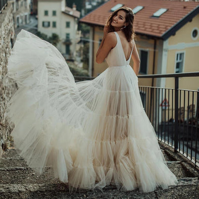 Tiered Tulle V Neck Wedding Dress Curled Ruffles Open Back