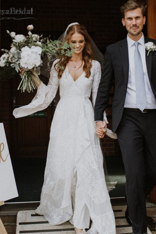 Timeless Wrap Wedding Dresses Dramatic Sleeve Lace Edge Elegant Bohemian Bridal Gowns Rue de Noivas