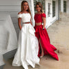 Two Piece Prom Dress 2020 Off the shoulder Tulle Satin A-line Formal Party Evening Gown With Pockets