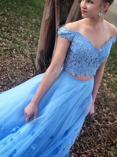 Two Piece Blue Prom Dress Off-The-Shoulder A Line Long Graduation Gown TB1332