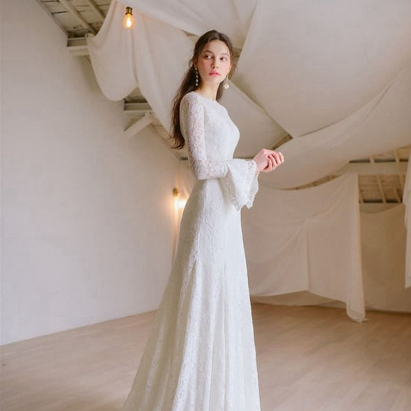 Lace Long Sleeve Simple Bridal Gown Wedding Dress