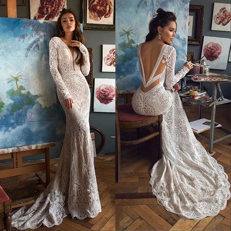 Crochet Lace Mermaid Wedding Dress Vintage Long Sleeve TANYA BRIDAL