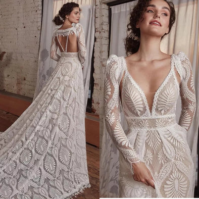 Luxury Boho Lace Wedding Dress Detachable Long Sleeve