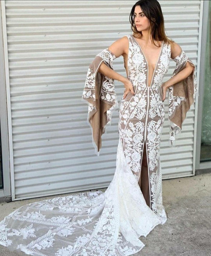 Chic Boho Lace Wedding Dress Mermaid Vintage Detachable Sleeves Open Back  Bohemia Bridal Gowns