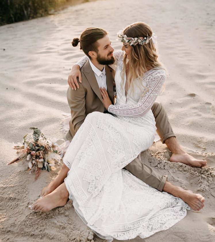 Lace Long Sleeve V-Neck Open back Beach Wedding Bridal Gowns – TANYA BRIDAL