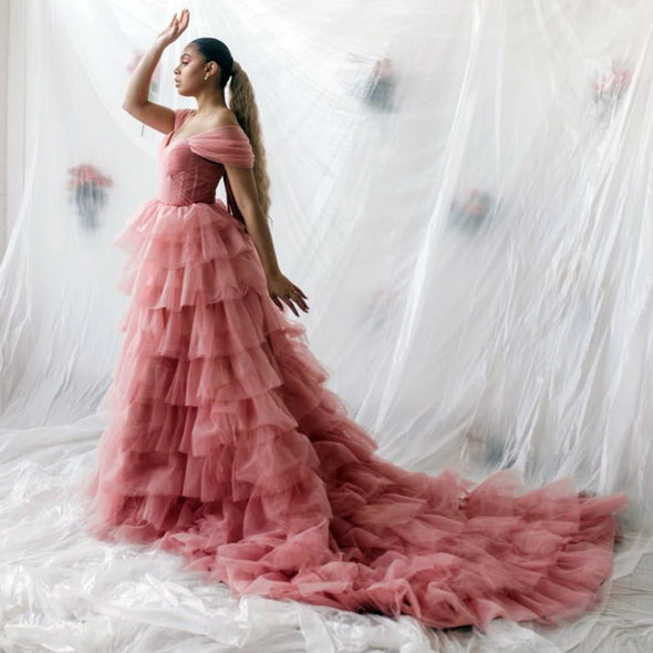 Blush Pink Prom Dress Sweetheart Ruffles Tiered Pleated Tulle Prom Gown