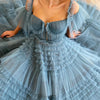 Elegant Blue Scoop Neck Pleated Tulle Prom Dress