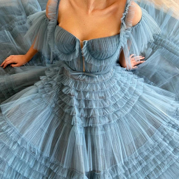 Elegant Blue Scoop Neck Pleated Tulle Prom Dress