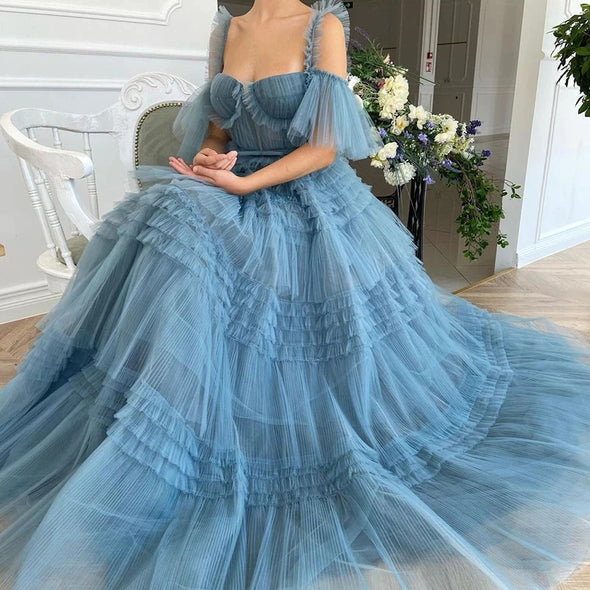 Elegant Blue Scoop Neck Pleated Tulle Prom Dress