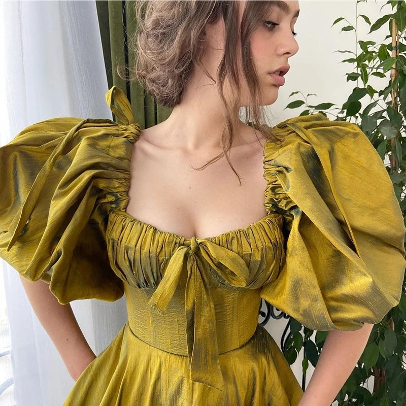 bri taffeta puff sleeve party dress Emerald Midi Dress - Taffeta Midi Dress - Puff Sleeve Midi Dress