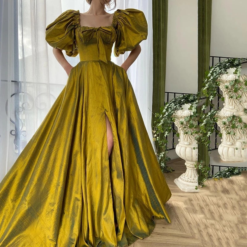 Elegant Square Neck Shoer Bubble Sleeves Satin Prom Dress - Elegant Square Neck Shoer Bubble Sleeves Satin Prom Dress -