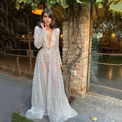 Gorgeous Silver V-Neck Long Sleeves Sequined Prom Dress