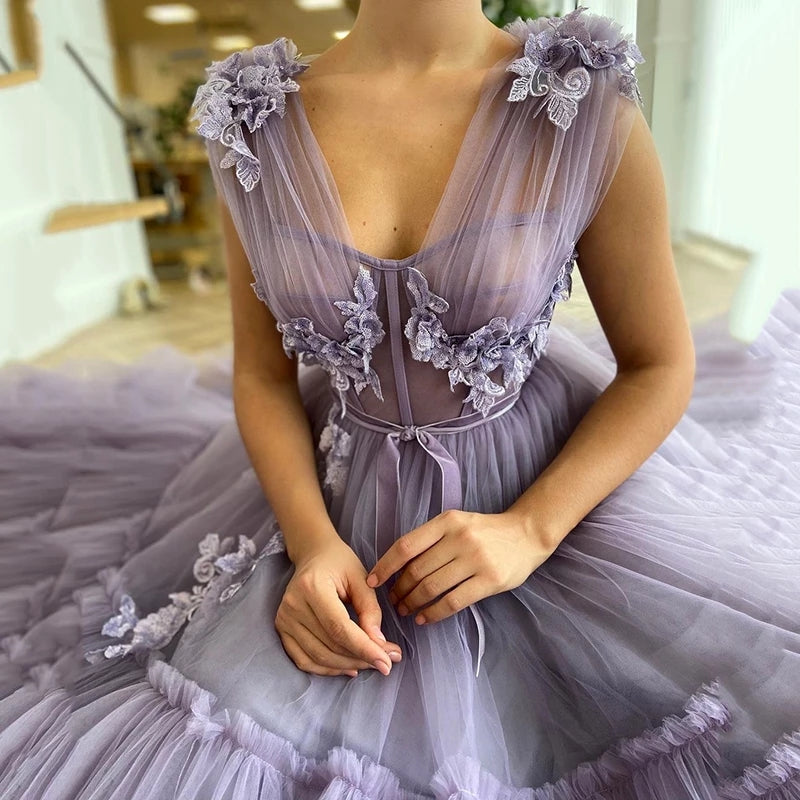 Floral Appliques and Tulle Tiered Prom Dress – TANYA BRIDAL