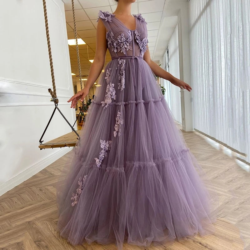Floral Appliques and Tulle Tiered Prom Dress – TANYA BRIDAL