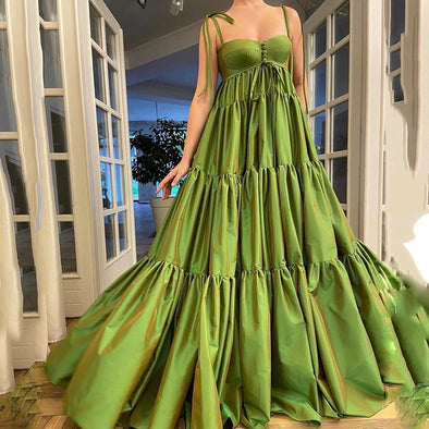 A-Line Green Satin Bustier Prom Dress