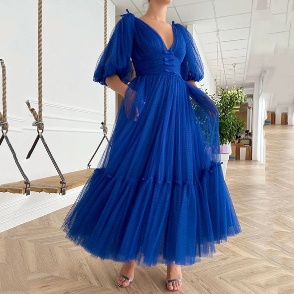 A-Line Royal BLue Dot Net Tea Length Prom Dress
