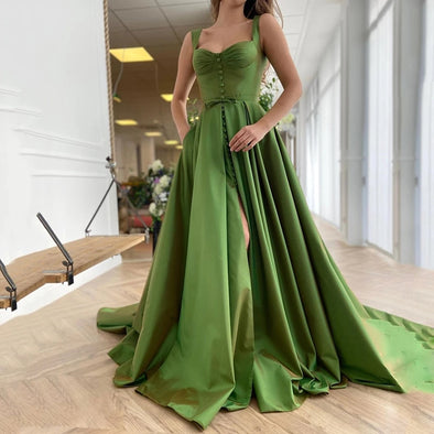 New Arrival Green Satin Bustier A-Line Prom Dress