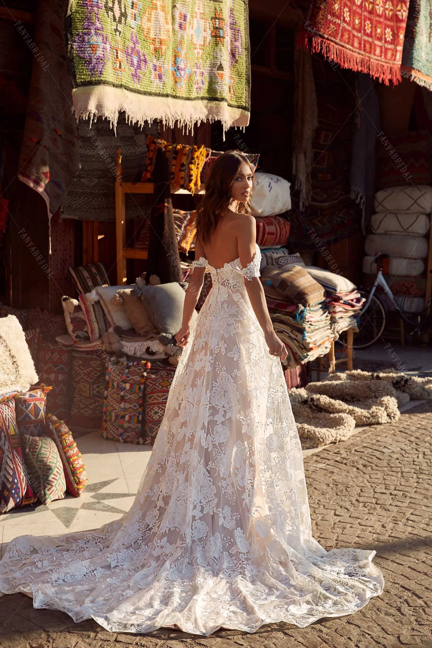 boho champagne dress A-line Boho Champagne Off The Shoulder Wedding Dress Bridal Gown US4 / As Picture