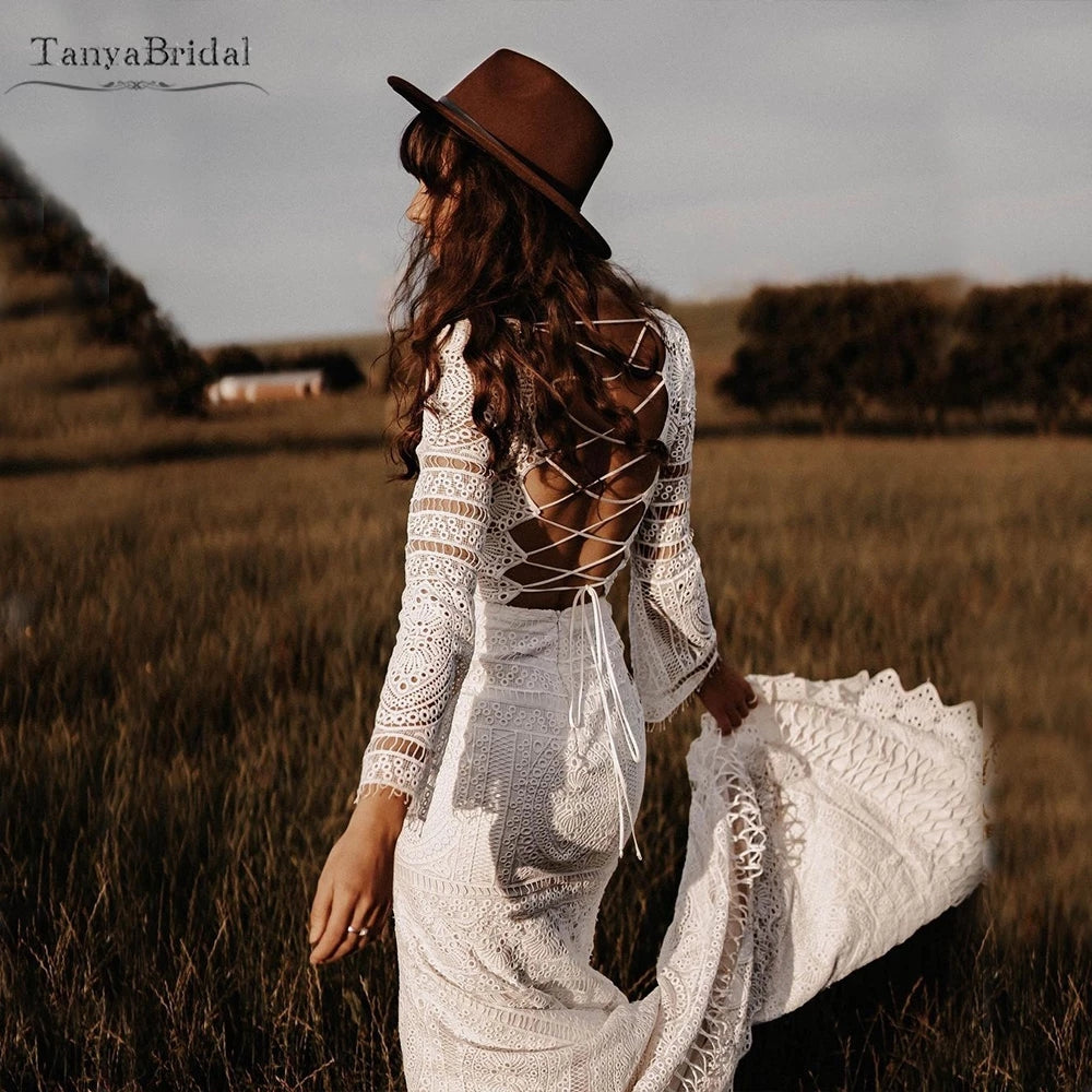 Unique Lace Bohemian Wedding Dresses Lace Up V-Neck Bridal Gowns DW485 -