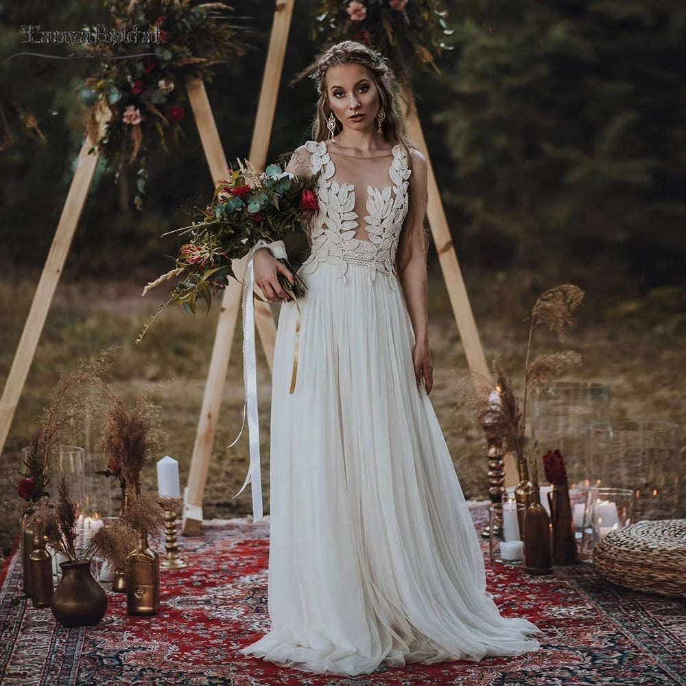 Boho Wedding Dresses Sheer Neck A Line Backless Bridal Gowns DW519 TANYA BRIDAL Boho Wedding Dresses Sheer Neck A Line Backless Bridal Gowns DW519 TANYA BRIDAL