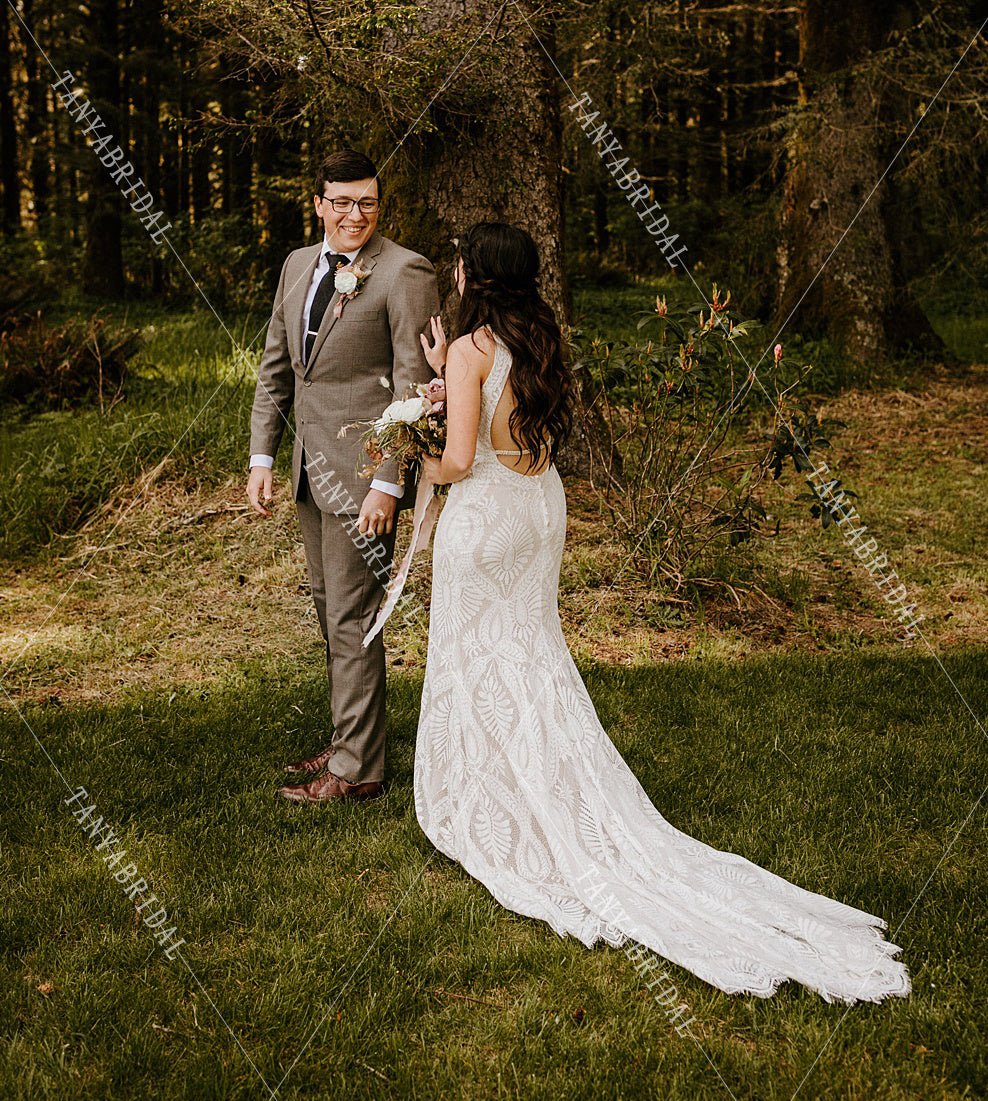 Unique Lace Mermaid Wedding Dresses Nude champagne lining elegant Beac TANYA BRIDAL Unique Lace Mermaid Wedding Dresses Nude champagne lining elegant Beac TANYA BRIDAL