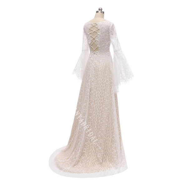 Unique Lace Wedding Dresses Flare sleeve ALine Bridal Gowns V-Neck Robe de Soriee Noivas Chic DW244