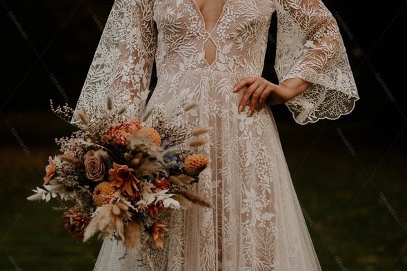 Leaf Lace Wedding Dresses Flare Sleeve Noivas Chic DW576