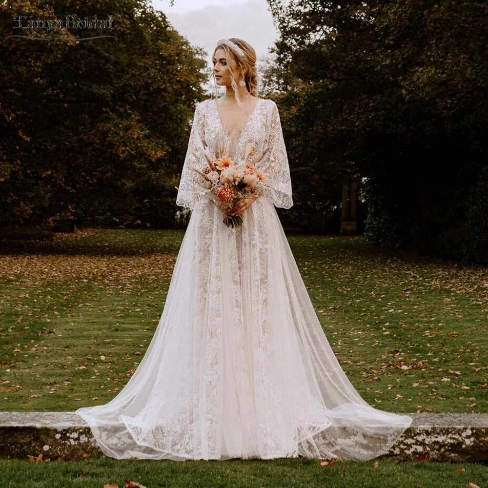 leaf design wedding dress Stunning Leaves Lace Boho Wedding Dresses Long Sleeve Tulle Bridal Dress AWD1945