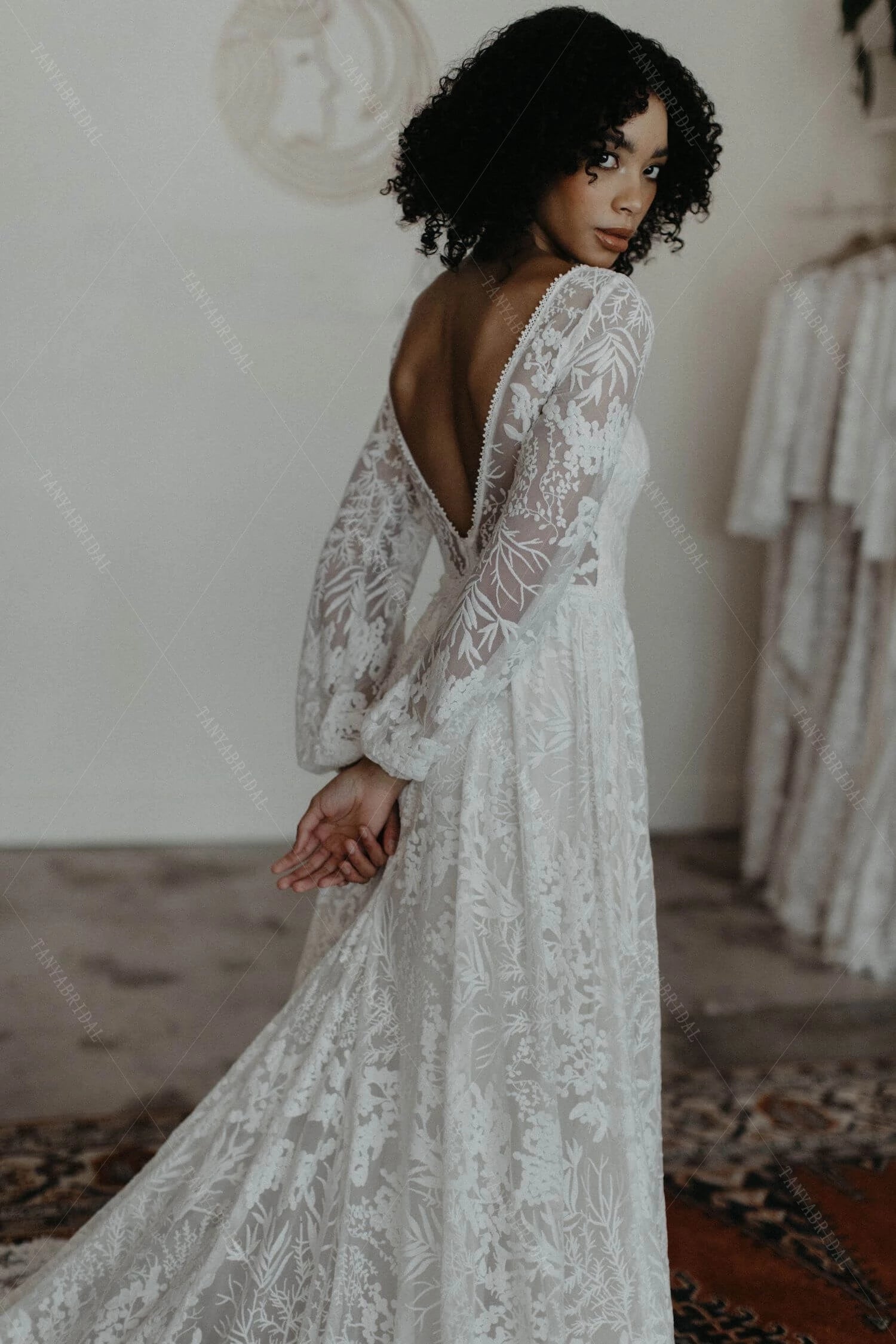 Long sleeve A Line V-Neck Leaf Lace Wedding Dresses ZW516 TANYA BRIDAL Long sleeve A Line V-Neck Leaf Lace Wedding Dresses ZW516 TANYA BRIDAL