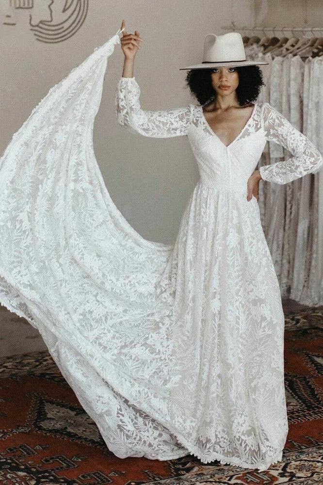 Long sleeve A Line V-Neck Leaf Lace Wedding Dresses ZW516 TANYA BRIDAL Long sleeve A Line V-Neck Leaf Lace Wedding Dresses ZW516 TANYA BRIDAL