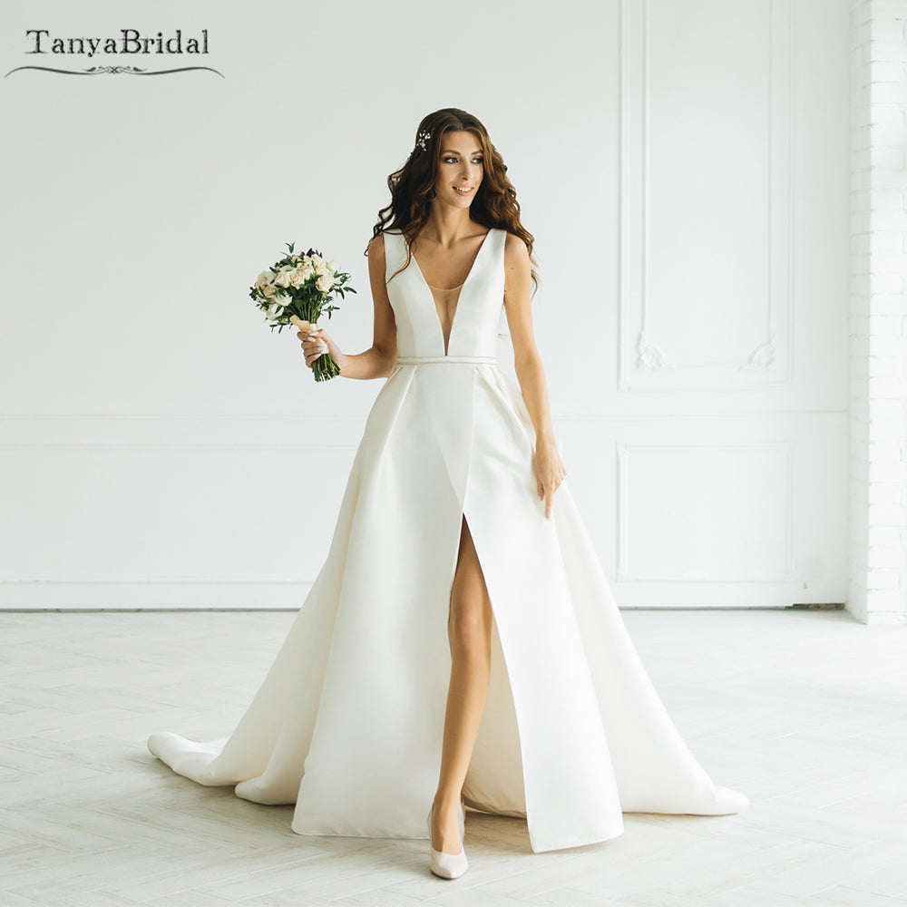 V-Neck A Line Wedding Dresses High Split Simple Satin Bridal Gowns Ele TANYA BRIDAL V-Neck A Line Wedding Dresses High Split Simple Satin Bridal Gowns Ele TANYA BRIDAL
