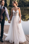 V-Neck Bohemian Beach Wedding Dresses Spaghetti Crystal Beaded Bridal Gowns