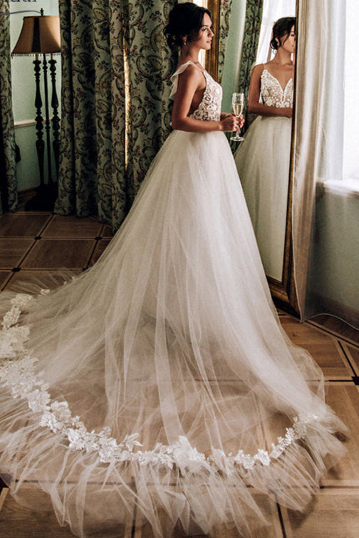 V-Neck Lace Beaded Wedding Dresses Dreamy Tulle Skirt Bridal Gowns Robe De Soriee DW225