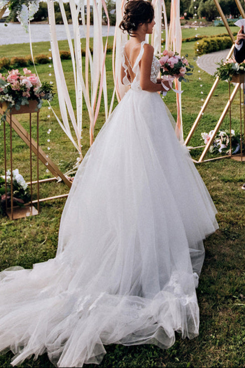 V-Neck Lace Beaded Wedding Dresses Dreamy Tulle Skirt Bridal Gowns Robe De Soriee DW225