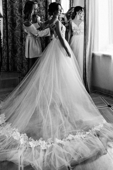 V-Neck Lace Beaded Wedding Dresses Dreamy Tulle Skirt Bridal Gowns Robe De Soriee DW225