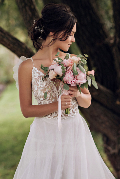 V-Neck Lace Beaded Wedding Dresses Dreamy Tulle Skirt Bridal Gowns Robe De Soriee DW225
