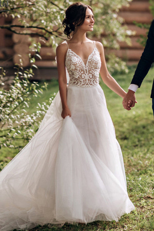 V-Neck Lace Beaded Wedding Dresses Dreamy Tulle Skirt Bridal Gowns Robe De Soriee DW225