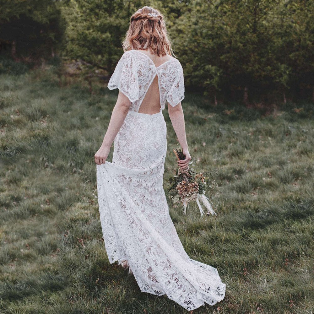 V-Neck Lace Wedding Dresses Mermaid Flare Sleeve Backless Bridal Gowns TANYA BRIDAL V-Neck Lace Wedding Dresses Mermaid Flare Sleeve Backless Bridal Gowns TANYA BRIDAL