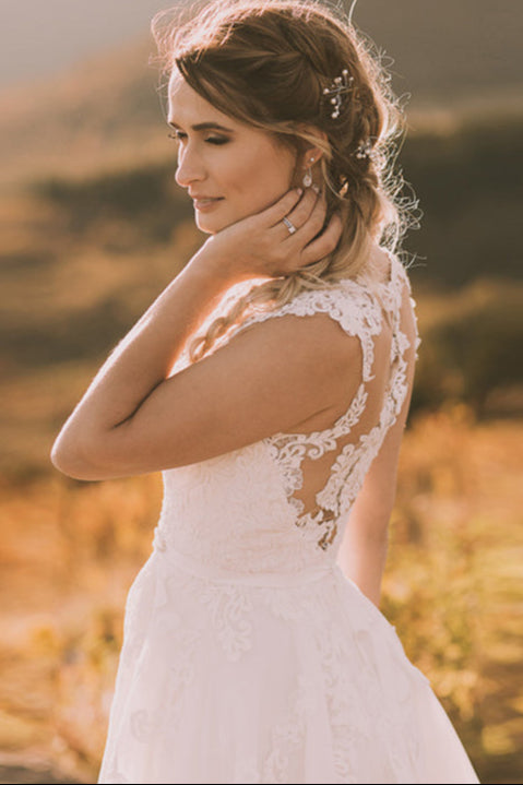V-Neck Lace Wedding Dresses Sheer Back A Line Bridal Dresses DW217