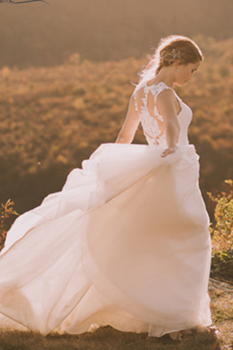 V-Neck Lace Wedding Dresses Sheer Back A Line Bridal Dresses DW217